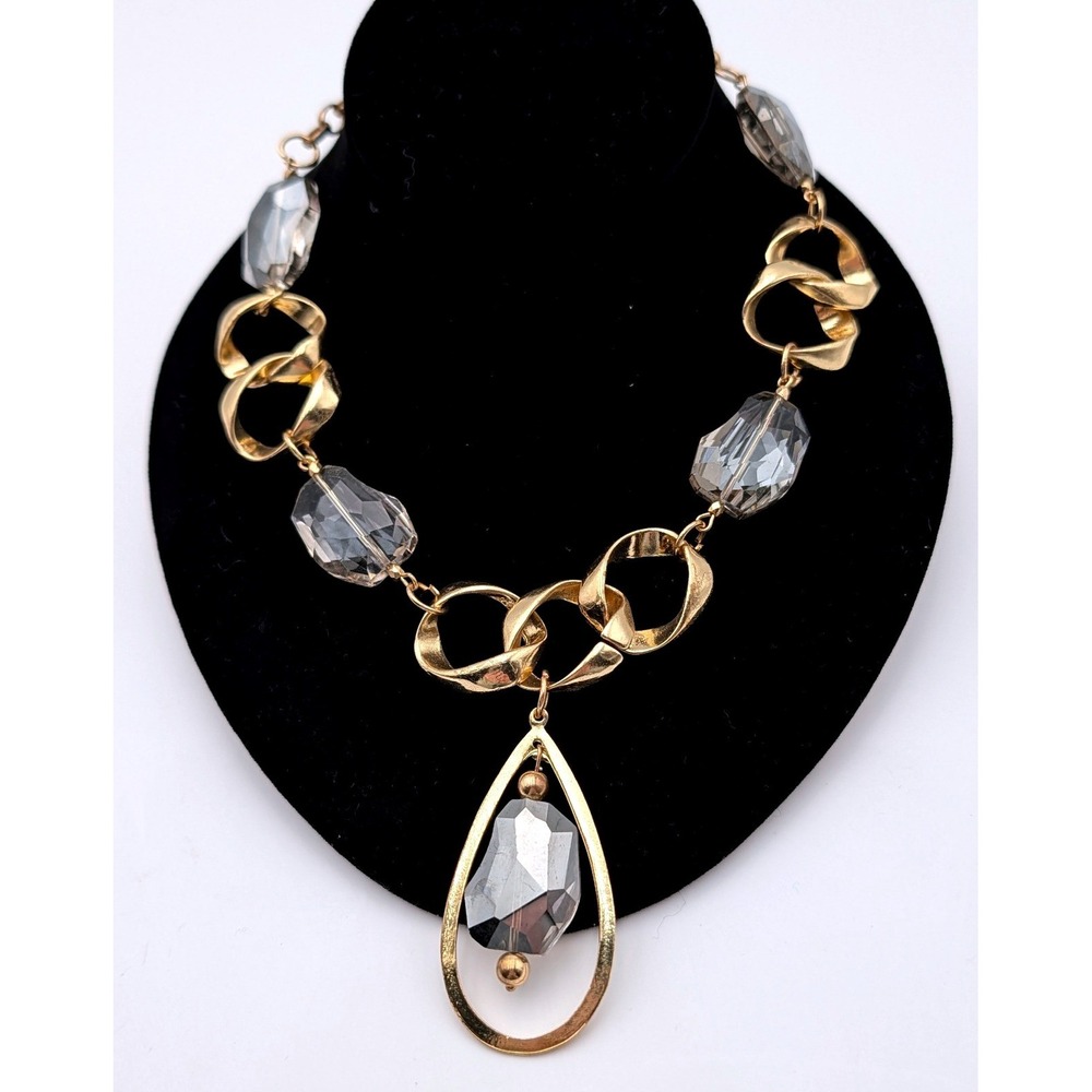 Gold Tone Smoky‎ Grey Crystal Statement Necklace Chunky Link Teardrop Pendant